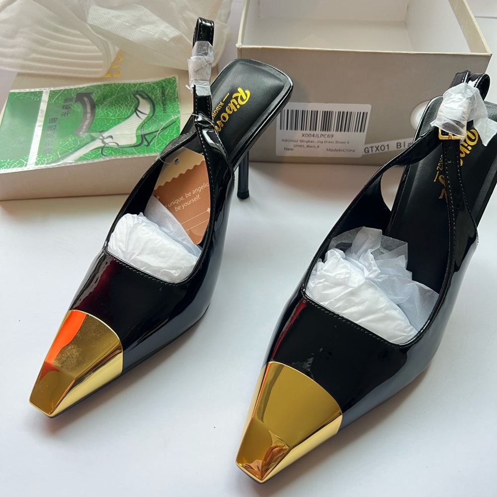 Black and Gold Pointed Slingback Pumps - Classic Women’s Heels - Picture 3 of 8